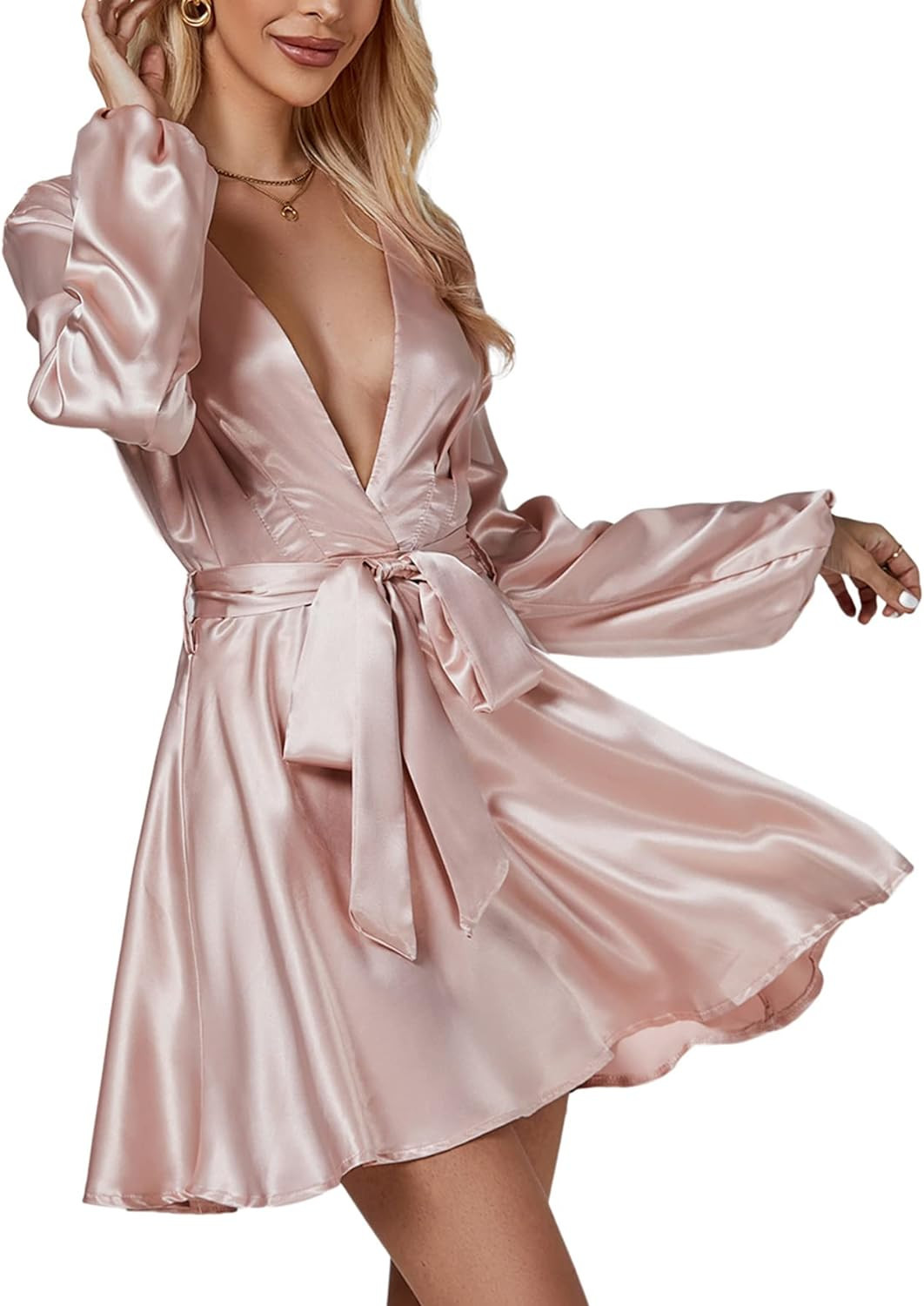 LYANER Women's Satin Silky Deep V Neck Tie Waist Long Sleeve Party Club Mini Dress | Amazon (US)