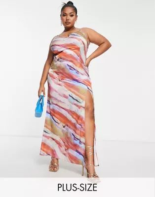 In The Style Plus x Yasmin Devonport exclusive satin plunge front maxi dress in multi abstract pr... | ASOS (Global)