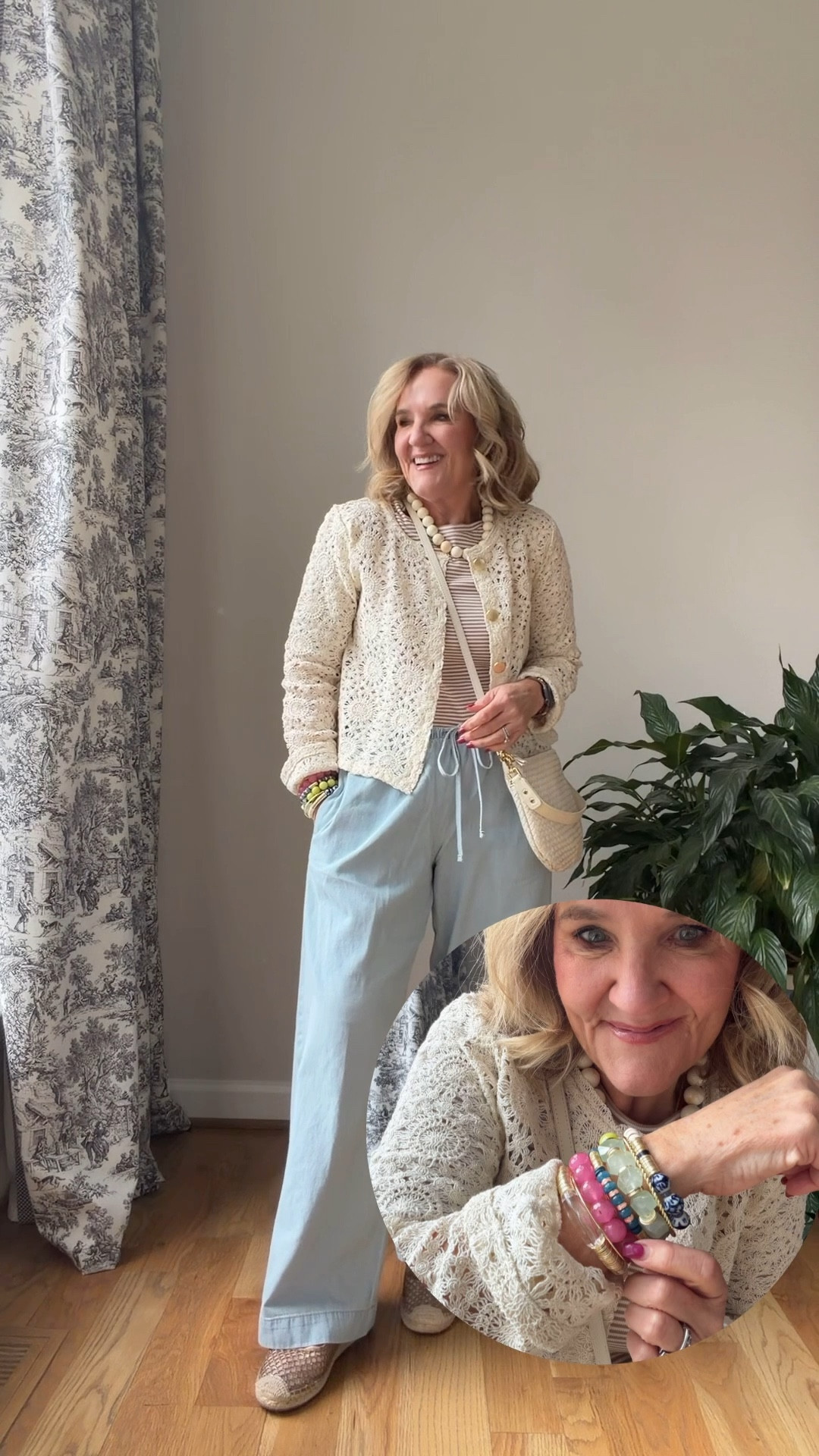 Bracelet stack restocked! Code NANETTE20 20% off the stack! 
Cardigan size medium 
Elbow length sleeve tshirt size medium 
Chambray pants size medium 
Spring outfit drawstring pants 
20% off my bracelet stack code NANETTE20

#LTKPetite #LTKOver40 #LTKSaleAlert

#LTKspring