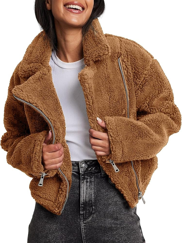 Fazortev Women's Winter Fleece Jackets Cropped Zip Up Long Sleeve Lapel Teddy Coats Fuzzy Shaggy ... | Amazon (US)