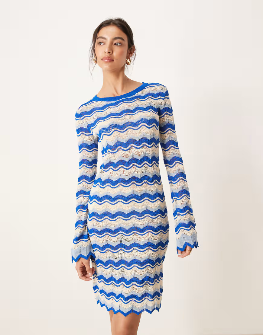 YAS chevron fine crochet mini dress with bell sleeves in blue and cream stripe | ASOS (Global)