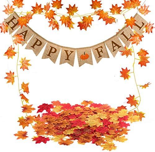 Famoby Happy Fall Pumpkin Burlap Banner and Maple Leaf Garland Confetti for Harvest Time Autumn T... | Amazon (US)