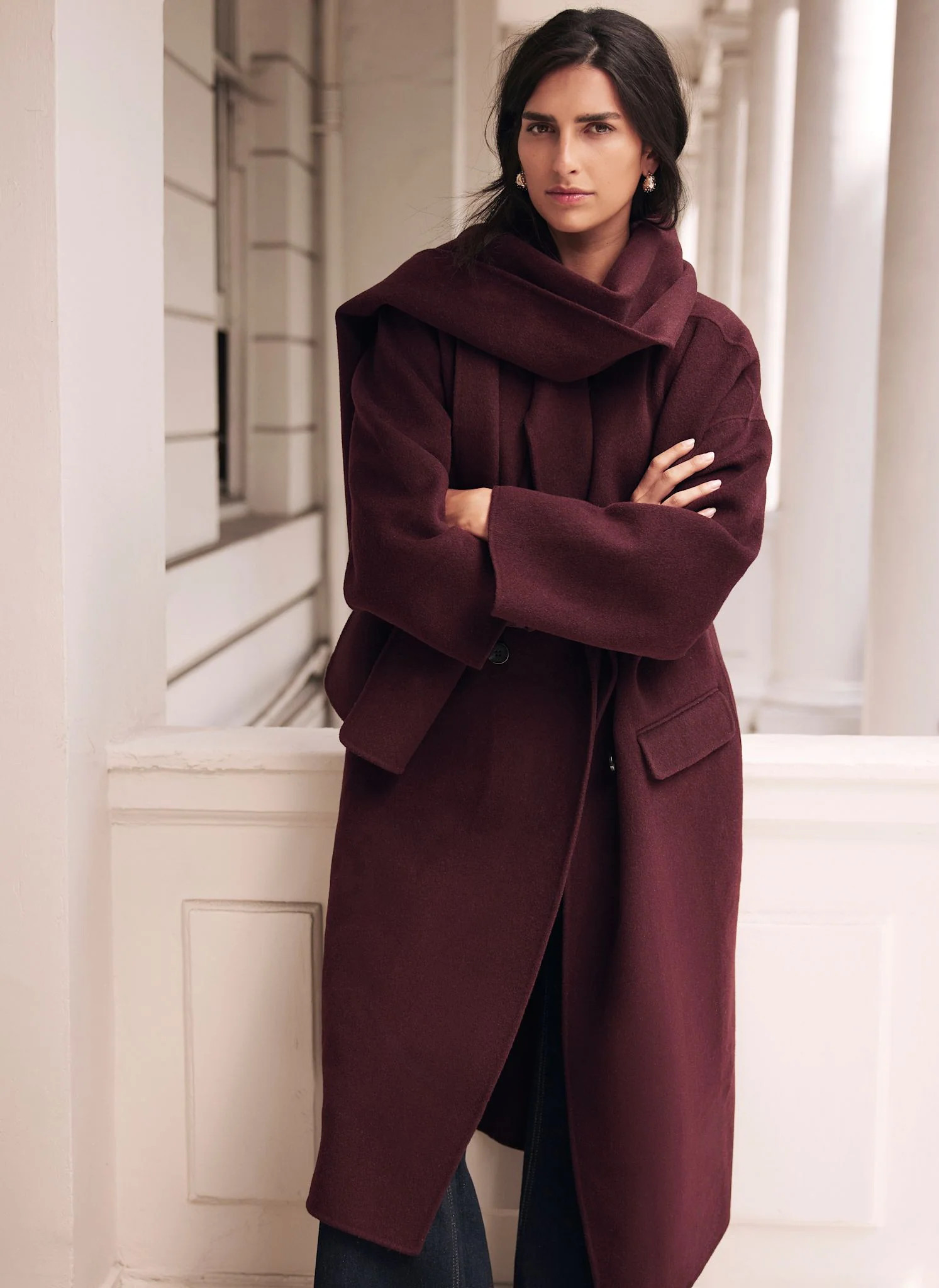 Burgundy Hand Finished Wool Blend Scarf Coat | Mint Velvet