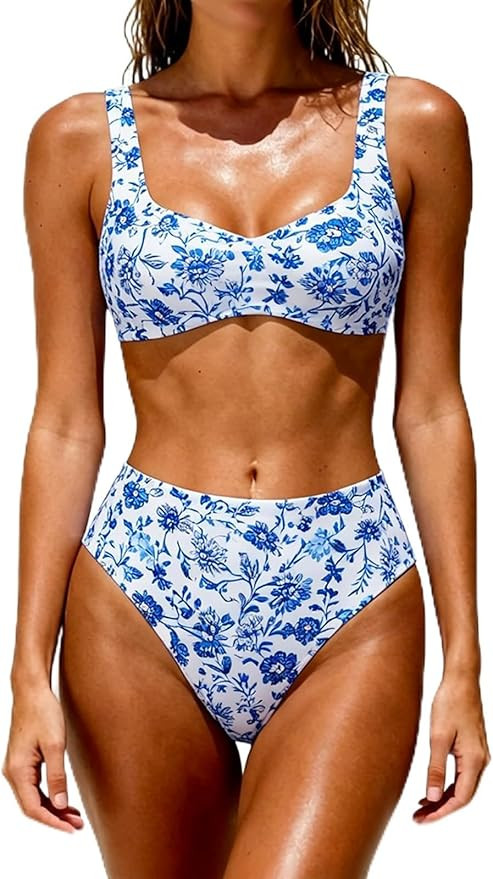 Women's High Waisted Bikini Set Two Piece Swimsuit with Crisscross Back Adjustable Tie Bathing Su... | Amazon (US)