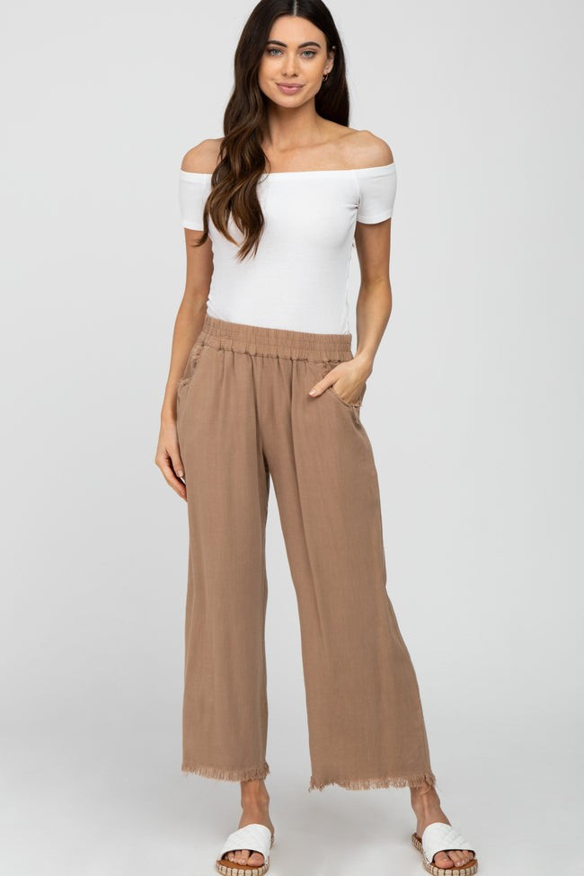 Taupe Linen Frayed Hem Crop Pants | PinkBlush Maternity