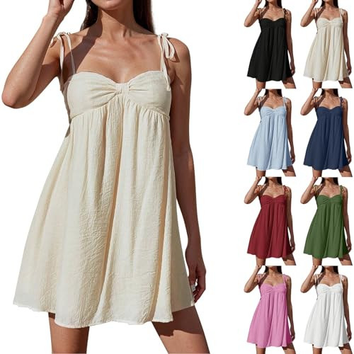 Jybuyye Women Summer Dresses Sleeveless Flowy Mini Dress Casual Spaghetti Strap Sundresses Cute Bowknot Babydoll Swing Dress Y2k A Line Boho Beach Sundress Y2K Dresses A-Wine | Amazon (US)