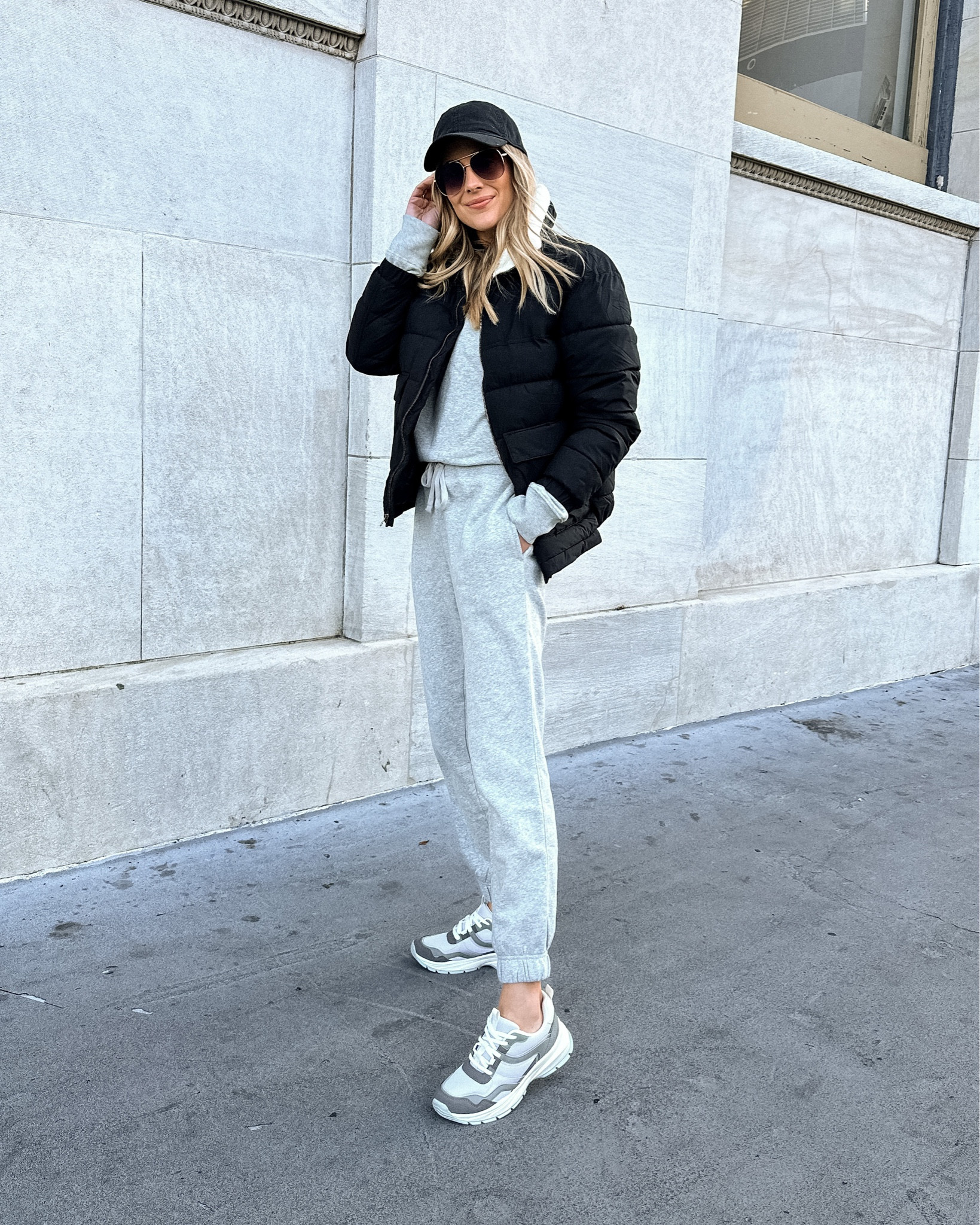 Fashion Jackson wearing target outfit, black puffer jacket, grey joggers, grey sweatshirt, sneakers, black baseball hat, cozy fall outfit, 

#LTKSeasonal #LTKunder100 #LTKunder50