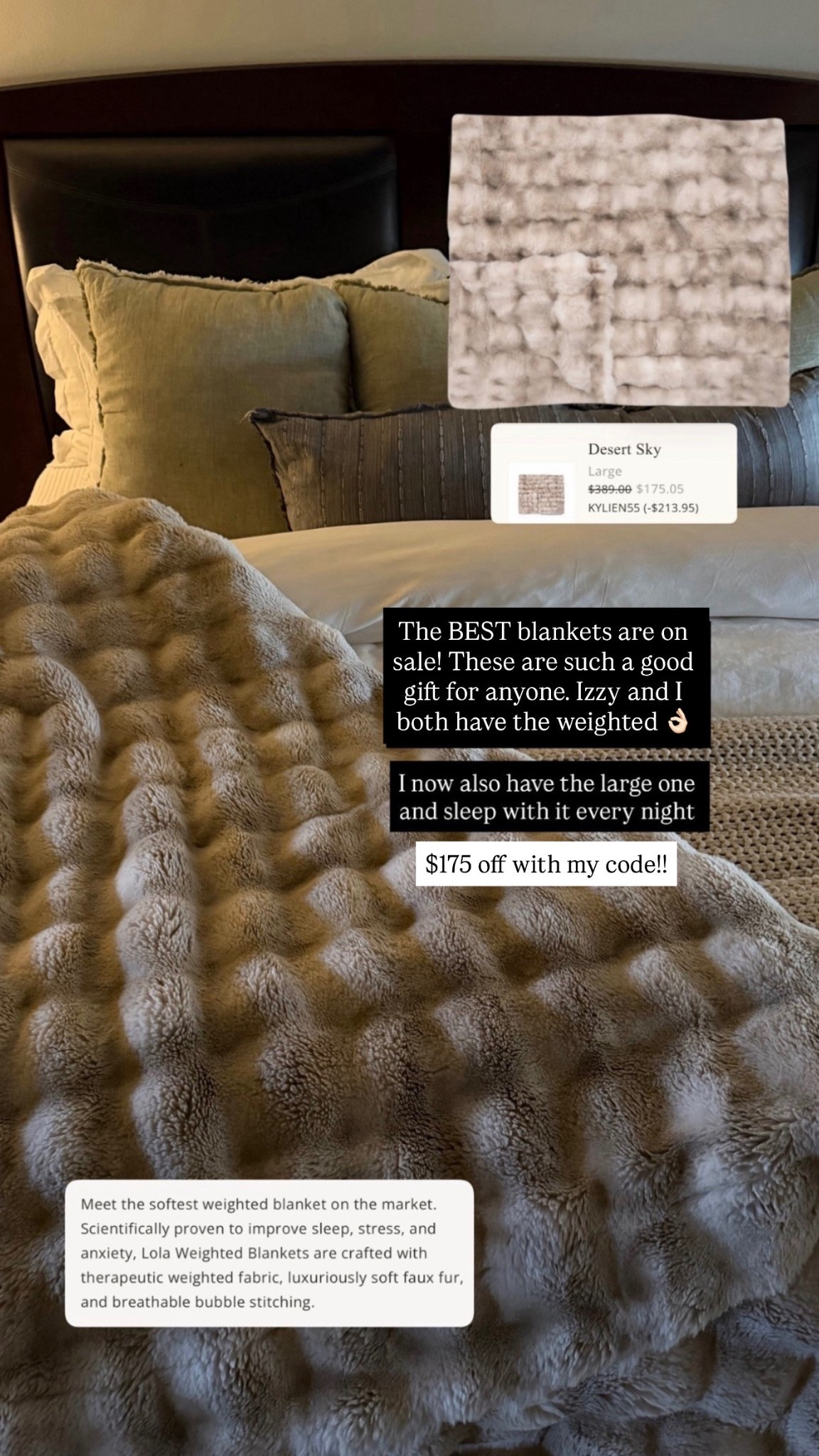 55% off Lola blankets!!! Code KYLIEN55

I have the large weighted 


#LTKHoliday #LTKSaleAlert #LTKGiftGuide