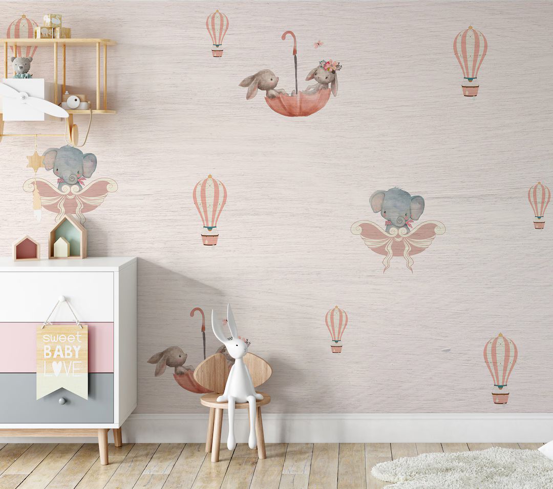 Umbrella Rabbit Nursery Wallpaper, Kids Wallpaper Peel and Stick, Nursery Wall Decal, Removable W... | Etsy (US)
