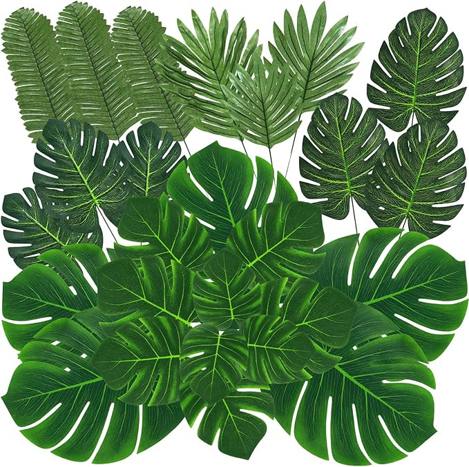 100 Pcs 9 Kinds Artificial Palm Leaves Tropical Fake Leaves, Monstera Leaf Gold Faux Leaves for S... | Amazon (US)