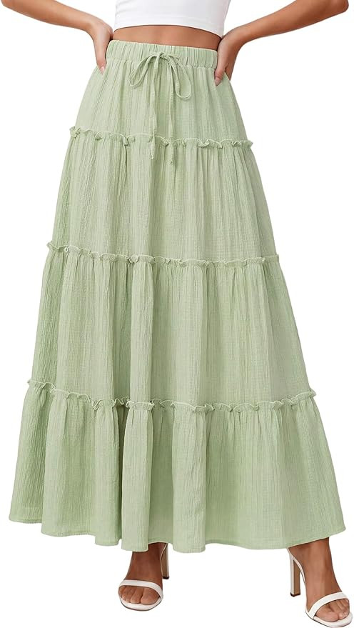 DERAX Womens Boho Maxi Skirt Flowy Ruffle Tiered Elastic High Waisted A Line 2026 Spring Summer B... | Amazon (US)