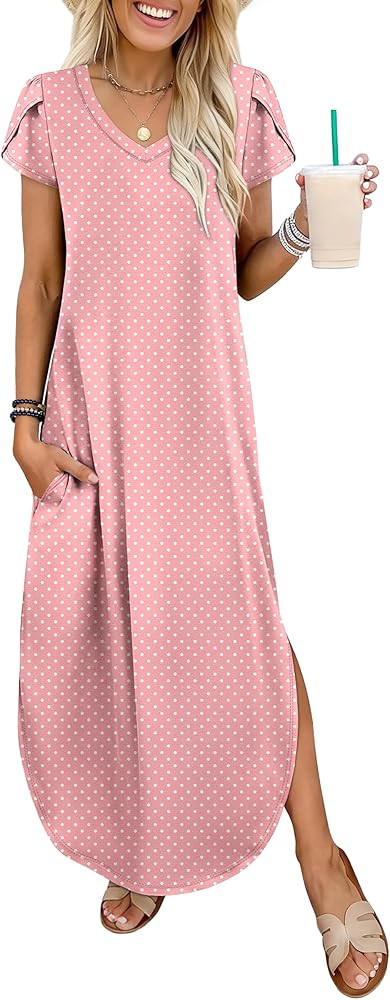 ANRABESS Womens Summer Maxi Dresses 2026 Casual Short Sleeve V Neck Loose Split Long Beach Sundre... | Amazon (US)