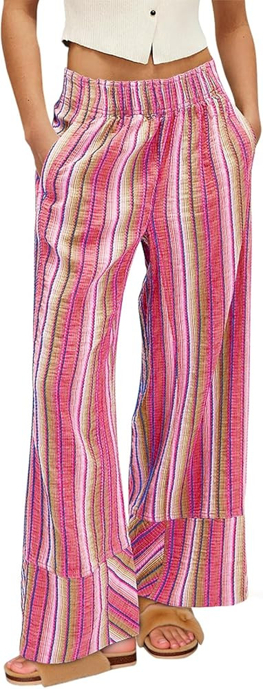 Cicy Bell Womens Wide Leg Lounge Pants Elastic High Waisted Striped Palazzo Pants Flowy Casual Be... | Amazon (US)