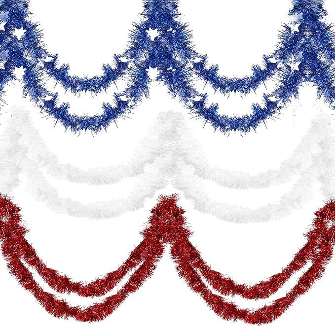 Jexine 6 Pack Memorial Day Garland 98.4 Feet 4th of July Patriotic Tinsel Garland Red White and B... | Amazon (US)