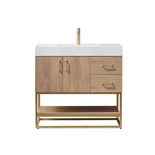 ROSWELL Alistair 36 in. Bath Vanity in North American Oak with Grain Stone Top in White with Whit... | The Home Depot