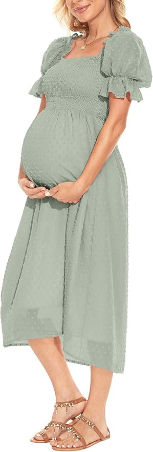 Puff Sleeve Swiss Dot Maternity Dress/Square Neck Smoked Midi Dress Summer Baby Shower | Amazon (US)