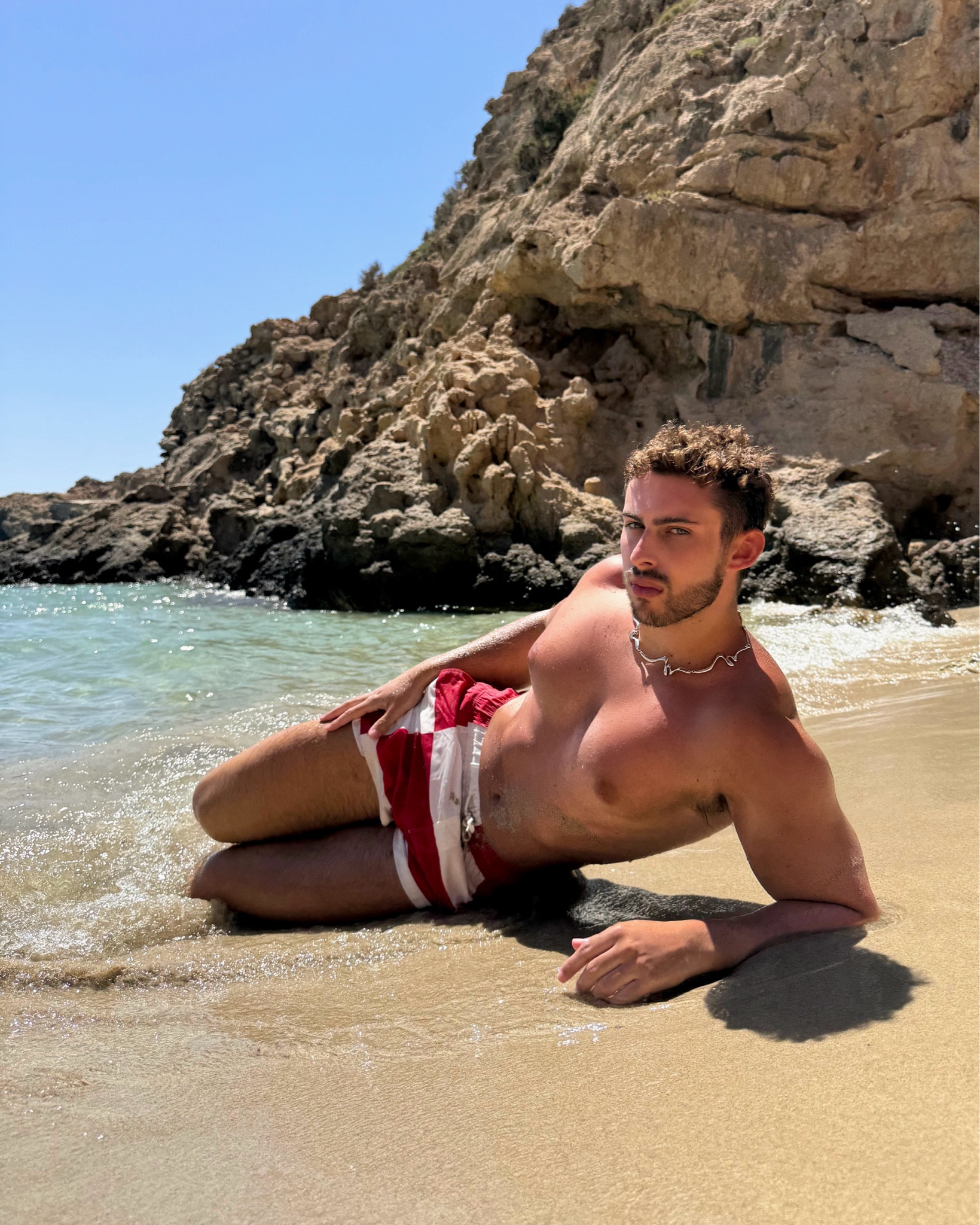 beach pls 🌊 
Swimwear, holiday, swim, vacation, trunks, necklace, beach, Ibiza, Menswear,  outfit inspiration, outfit inspo, men’s fashion 