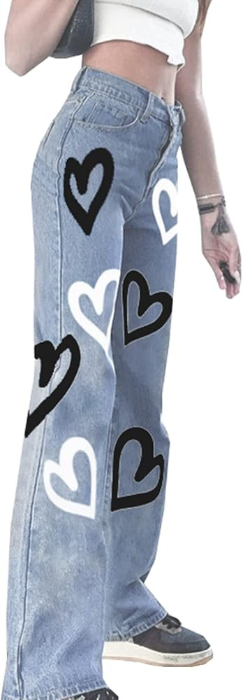 Women Patchwork Jeans High Waisted Straight Leg Stretch Denim Pants Girls Fashion Color Block Pat... | Amazon (US)