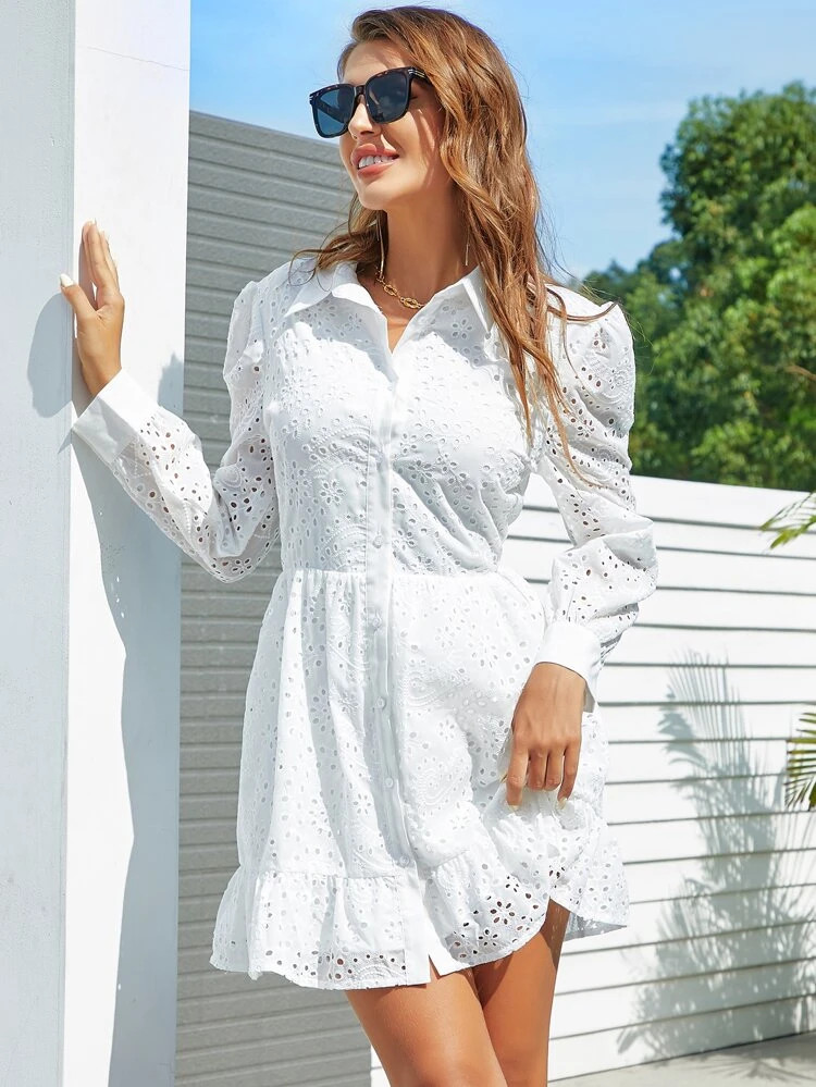 Eilly Bazar Puff Sleeve Ruffle Hem Schiffy Shirt Dress | SHEIN