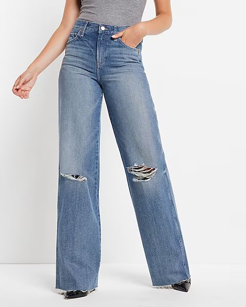 High Waisted Medium Wash Ripped Wide Leg Jeans | Express