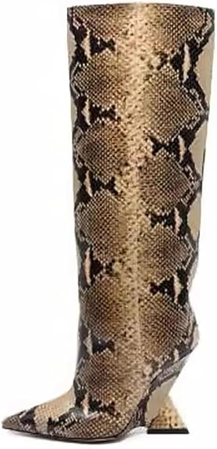 2025 black wedge boots for women Pointed Toe snakeskin knee high boot pull-on Super high heel wid... | Amazon (US)