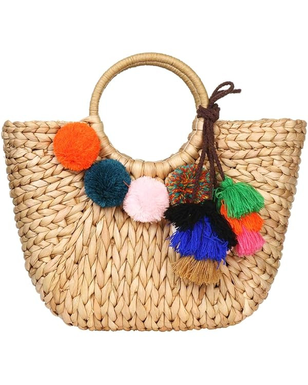 Summer Rattan Bag for Women Straw Hand-woven Top-handle Handbag Beach Sea Straw Rattan Tote Clutc... | Amazon (US)