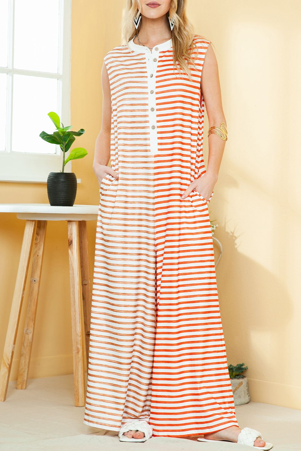 Orange Striped Pocketed Baggy Wide Leg Jumpsuit | Shewin