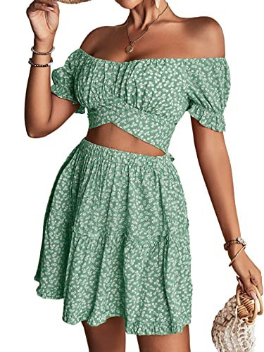 LYANER Women's 2 Piece Outfits Off Shoulder Tie Up Crop Top and Mini Skirt Set Green Floral Small | Amazon (US)