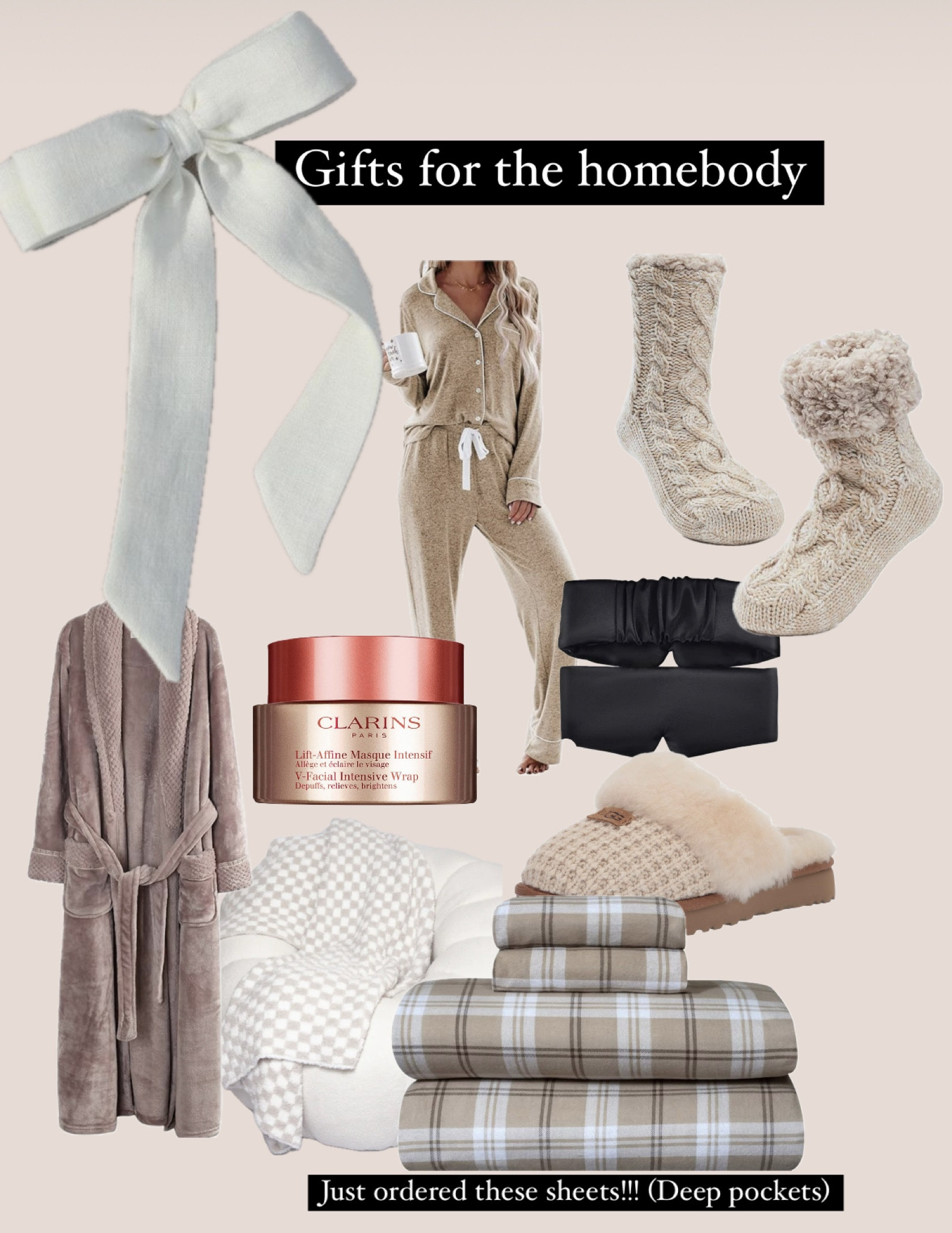 Gift guide
Amazon finds
Cozy find
Robe
Flannel sheets
Cooling mask
Cozy socks
Eyemask 
Pyjamas 
Ugg slippers 

#LTKGiftGuide #LTKCyberWeek #LTKHolidaySale