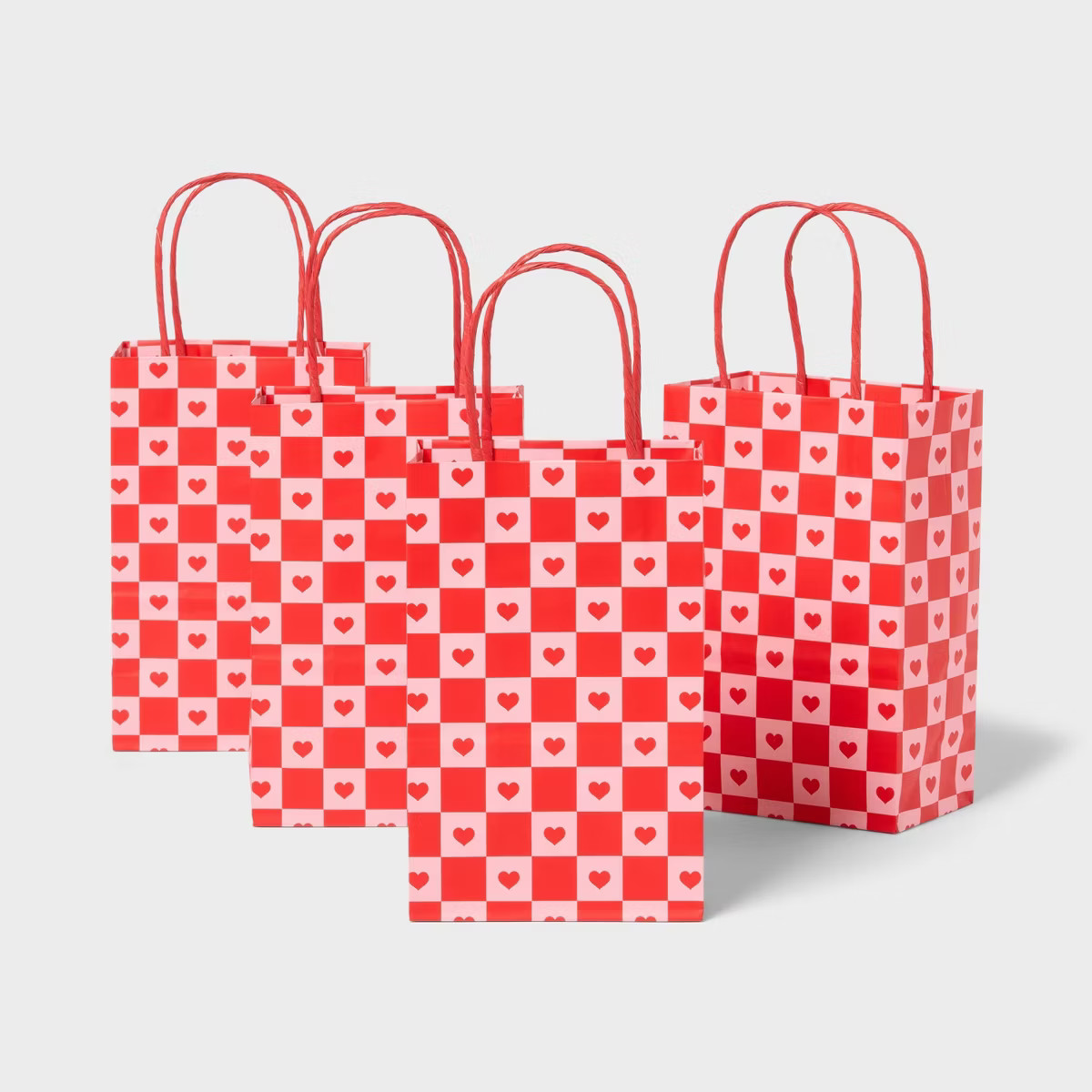 4pk XS Jr Tote Valentines Day Checkered Hearts Gift Bags Red/Pink - Spritz™ | Target