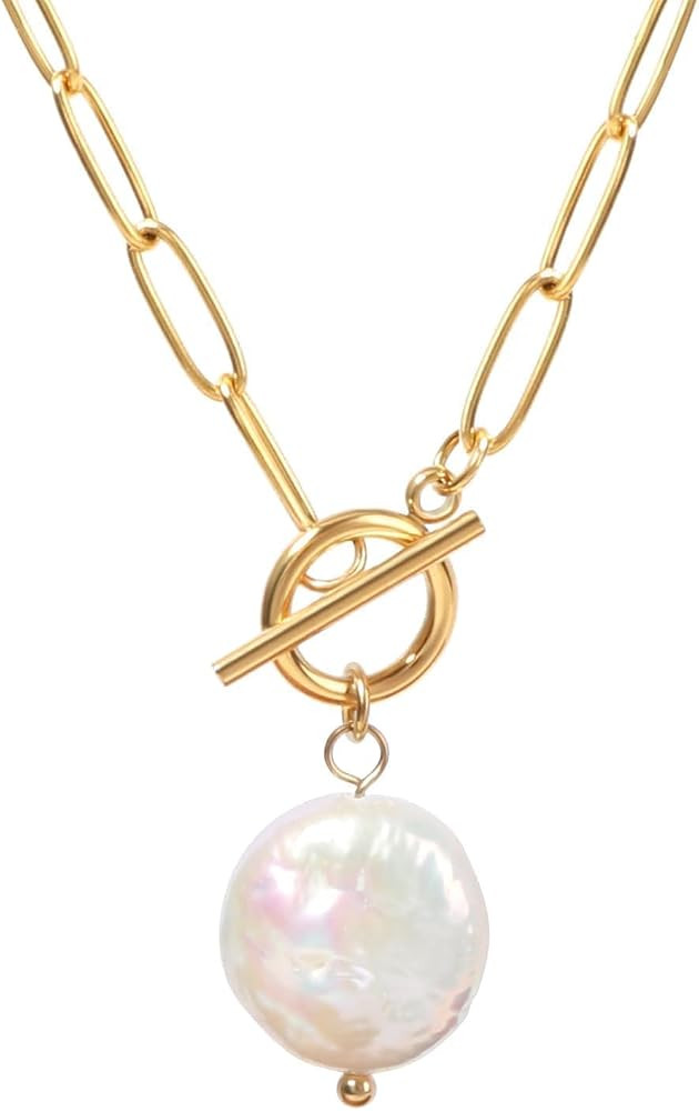 Pearl Gemstone Pendant Paperclip Toggle Necklace 18k Gold Plated Birthstone Paper Clip Chain Neck... | Amazon (US)