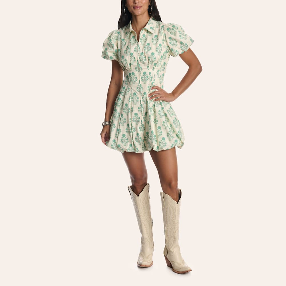 TCEC Women's Light Green Floral Print Puff Sleeve Bubble Hem Mini Dress | Cavender's