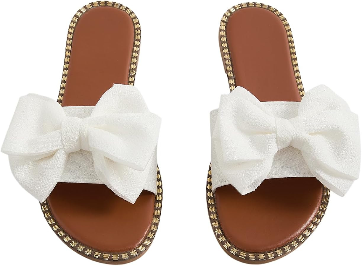 GORGLITTER Women's Bow Sandals Sparkly Flat Sandals Open Toe Slip On Slide Vacation Sandals | Amazon (US)