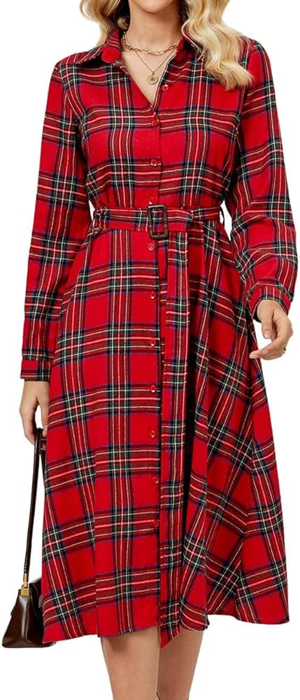Women's Plaid Maxi Dress Long Sleeve Collared Flannel Belted Button Down Shirt Long Dress Christm... | Amazon (US)