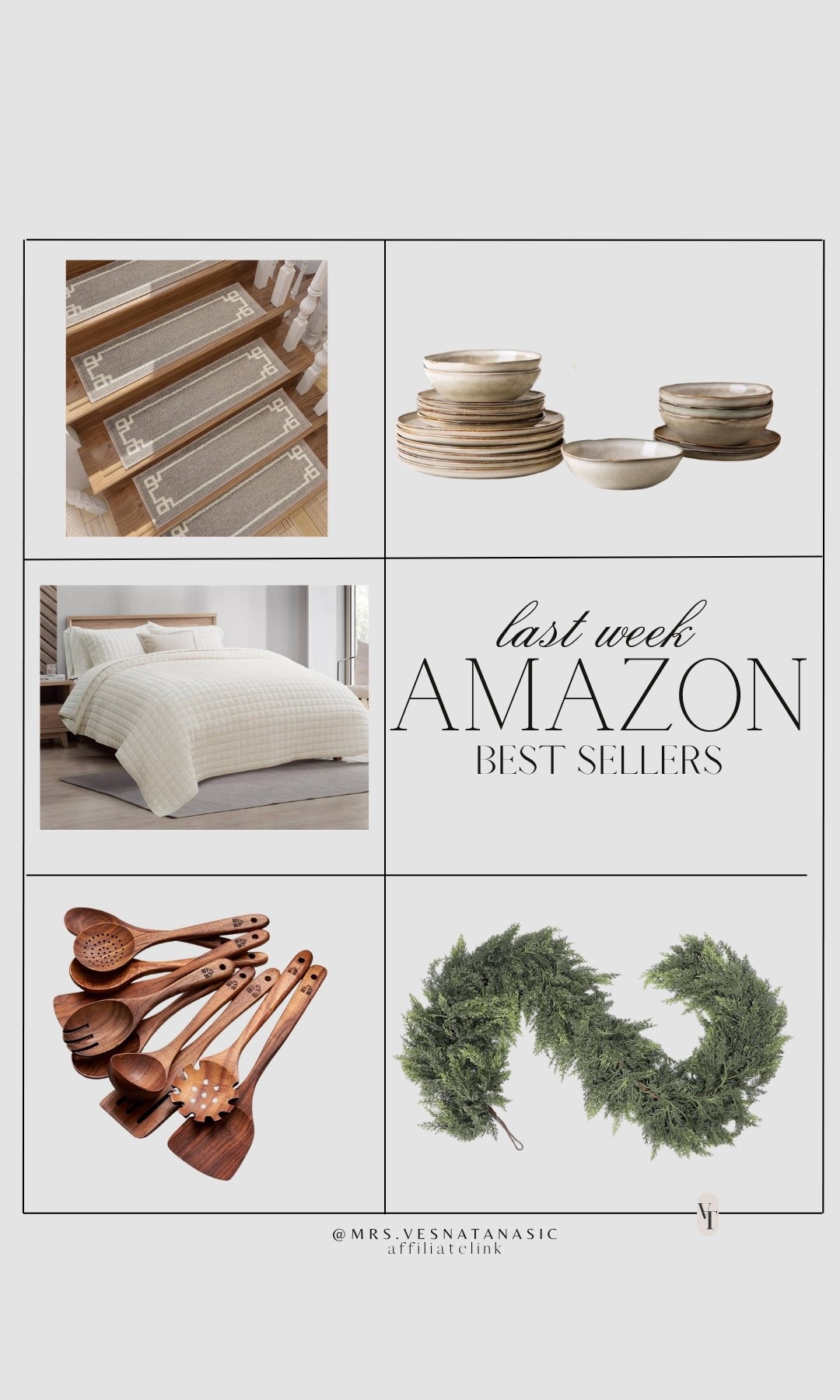 Last week Amazon home best sellers.

The non slip stair threads that are self-adhesive and don’t damage floors. Ceramic dinnerware set that we use daily. Beautiful bedding set that looks expensive but it’s not. Bamboo wooden spoons for coking. Christmas garland. 

#LTKSeasonal #LTKSaleAlert #LTKHome
