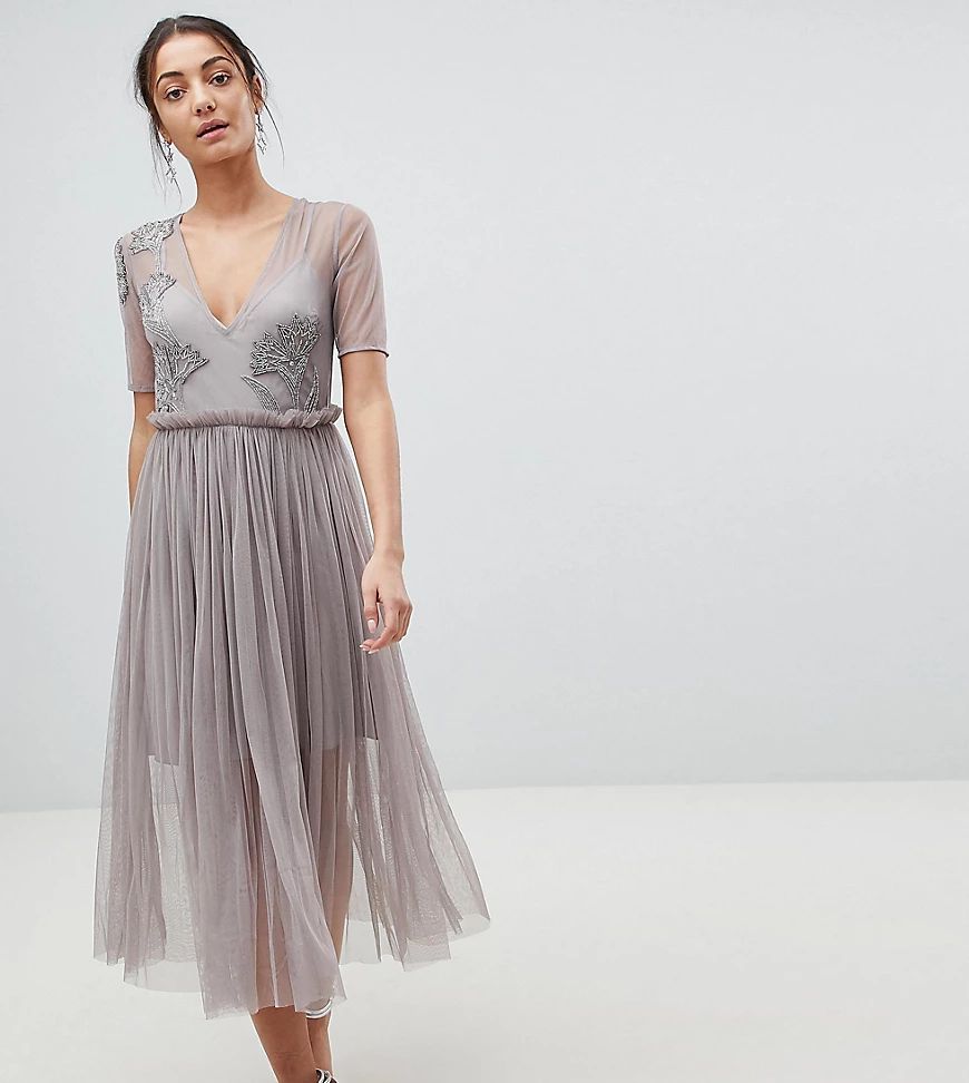 ASOS TALL Embellished Deep Plunge Mesh Midi Dress with Delicate Beading-Gray | ASOS (Global)