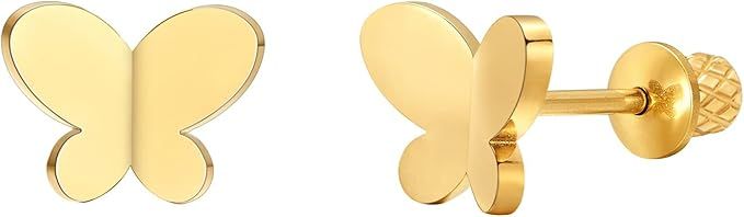 Earrings For Girls,18k Gold Plated Butterfly Hypoallergenic Earrings for Girls, Stud Screw On Saf... | Amazon (US)