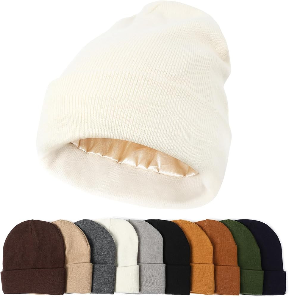 Satin Lined Beanie Hats for Women Men Knit Acrylic Beanie Winter Hat Silk Lining Soft Slouchy War... | Amazon (US)