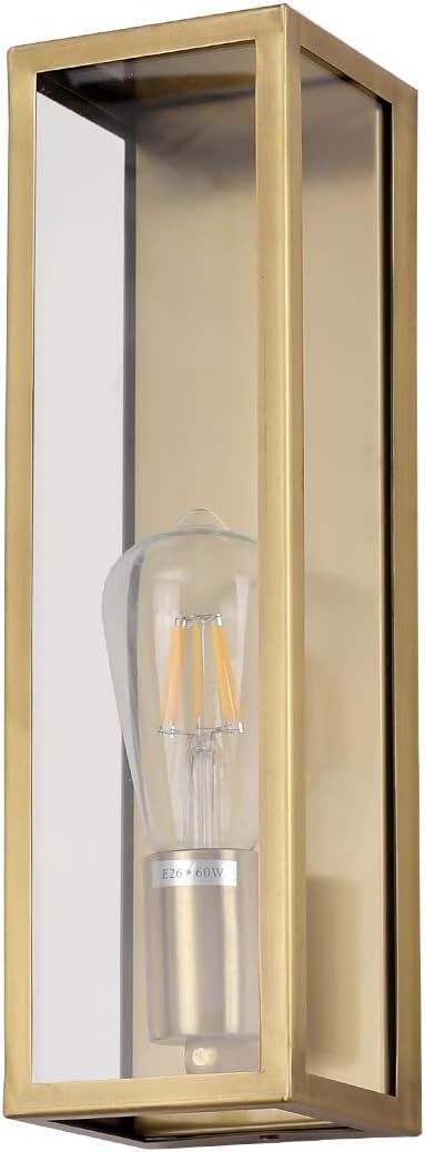 Outdoor Light Fixture, Exterior Wall Sconce, Brushed Brass Frame Wall Light with Clear Glass Shad... | Amazon (US)