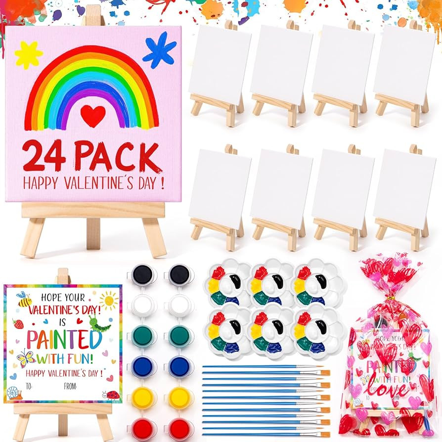 Valentines Day Gifts for Kids, 24 Set Mini Acrylic Paint Kit with Valentines Day Cards, Wood Ease... | Amazon (US)