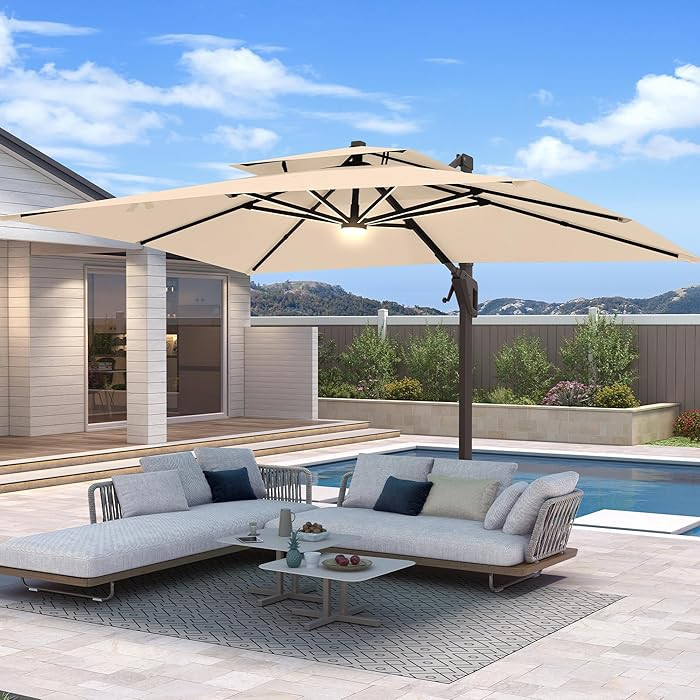 10 X 13 FT Cantilever Patio Umbrella with Base Included & Led Lights Outdoor Rectangle Offset Lar... | Amazon (US)