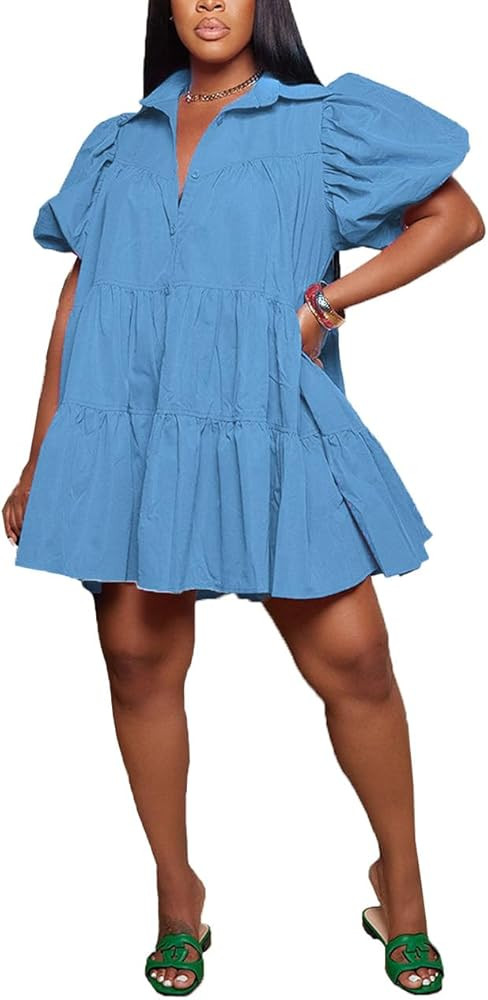 WOKANSE Women's Cute Babydoll Dresses 2024 Casual Loose Puff Sleeves Ruffle Hem Button Down Pleat... | Amazon (US)