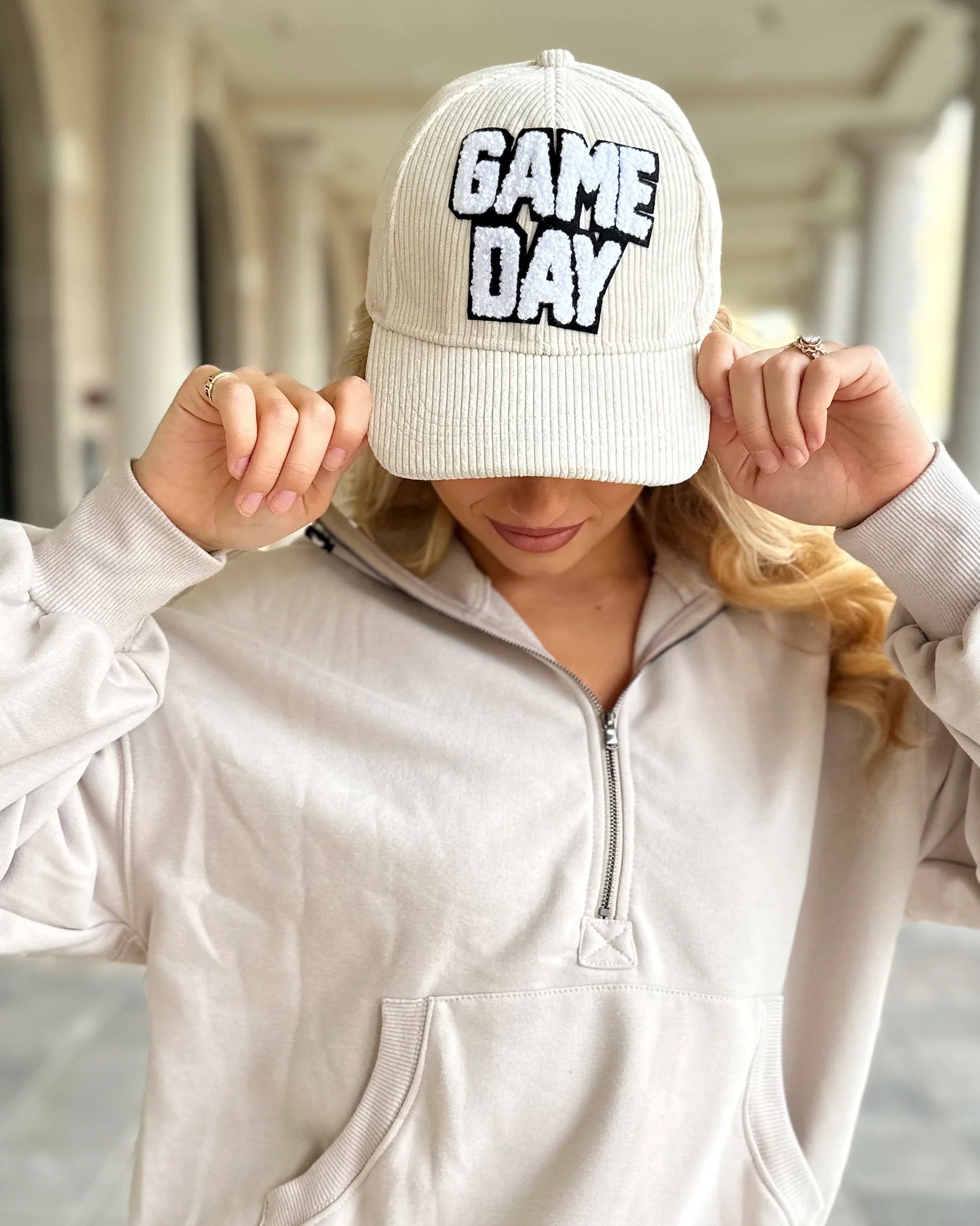 Beige Sherpa-Letter Corduroy “GAME DAY” Cap | Live Love Gameday®