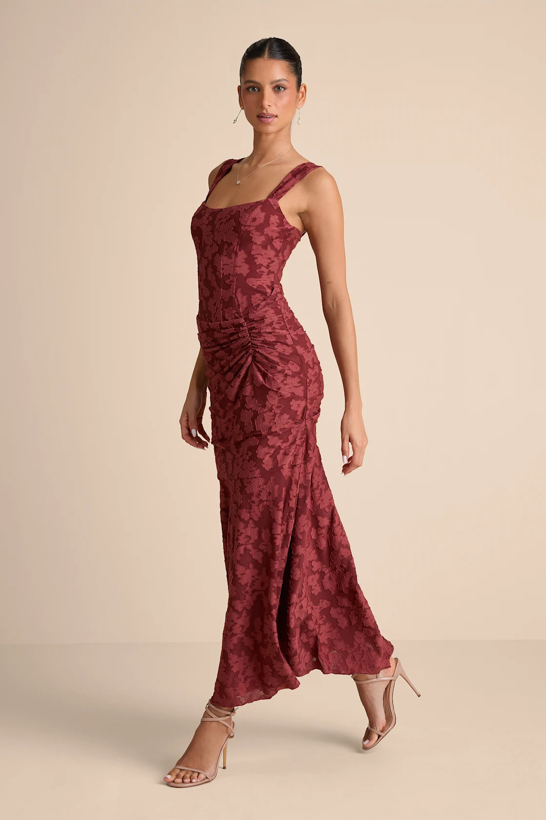 Celeste Rust Red Floral Burnout Bustier Maxi Dress | Lulus