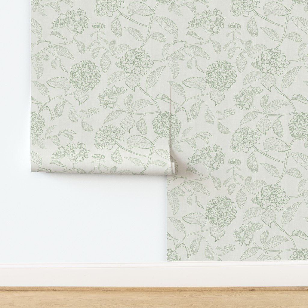 Wallpaper in Large scale white and sage jadeite green traditional floral hydrangea | Spoonflower