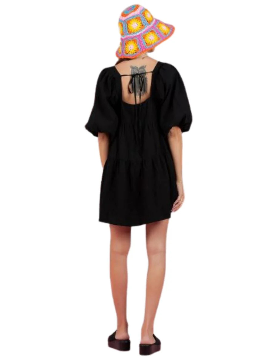 JEAN PUFF SLEEVE BABYDOLL DRESS-BLACK | LUCCA COUTURE