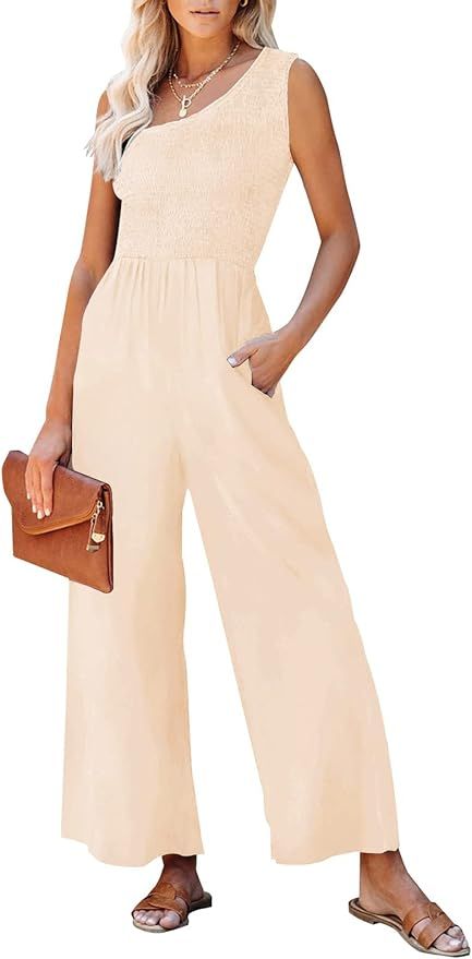 ZCSIA Women's Summer Casual Smocked One Shoulder Sleeveless Solid Wide Leg Jumpsuit Romper with P... | Amazon (US)