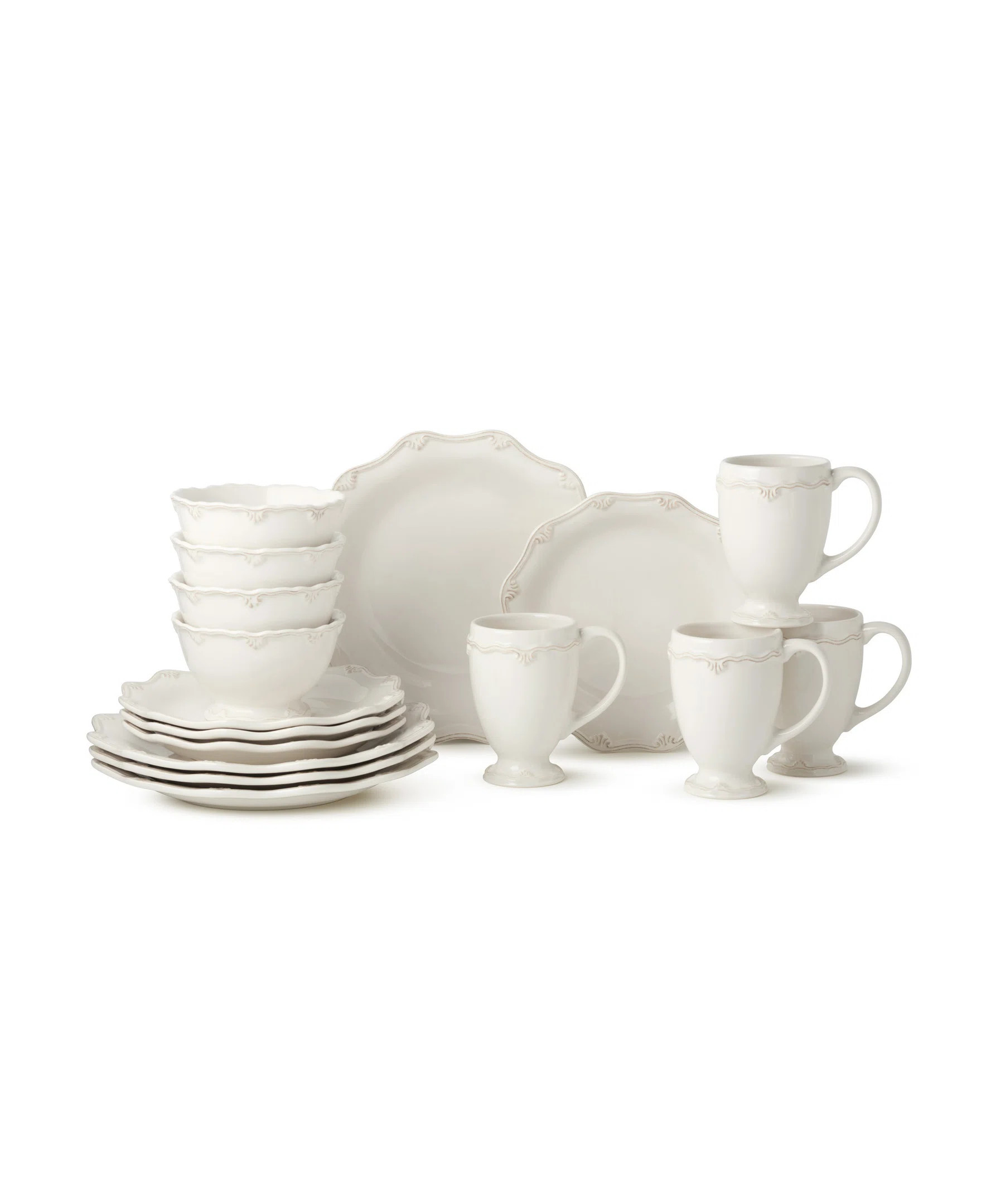 Heritage Scroll 16-Piece Stoneware Dinnerware Set, Service for 4 – Creamy Ivory Plates, Mugs & ... | Wayfair North America