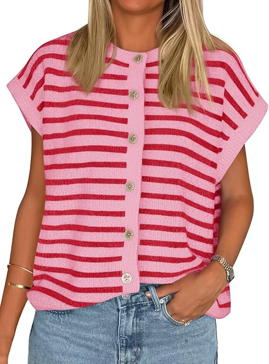 Cicy Bell Womens Striped Cap Sleeve Sweater Vest Crew Neck Button Down Cardigan Cute Knit Tops | Amazon (US)