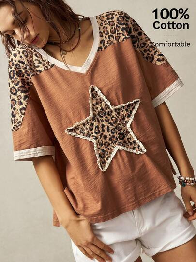 Bohemela Plus Size Women Leopard Print Patchwork Contrast Trim V-Neck Loose T-Shirt, Casual Stree... | SHEIN